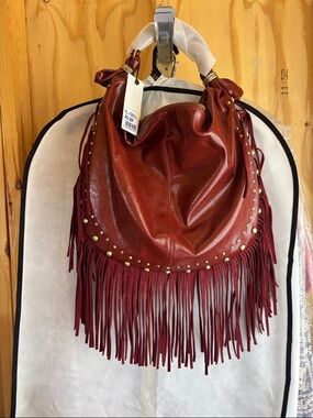 Fringed Stud Hobo Bag in Burgundy - Unbranded